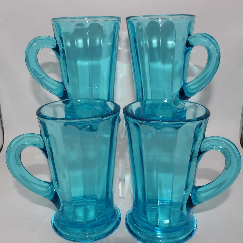 Set of 4 Vintage Tiara Blue Aqua Glass 4-1/2” Paneled Mug